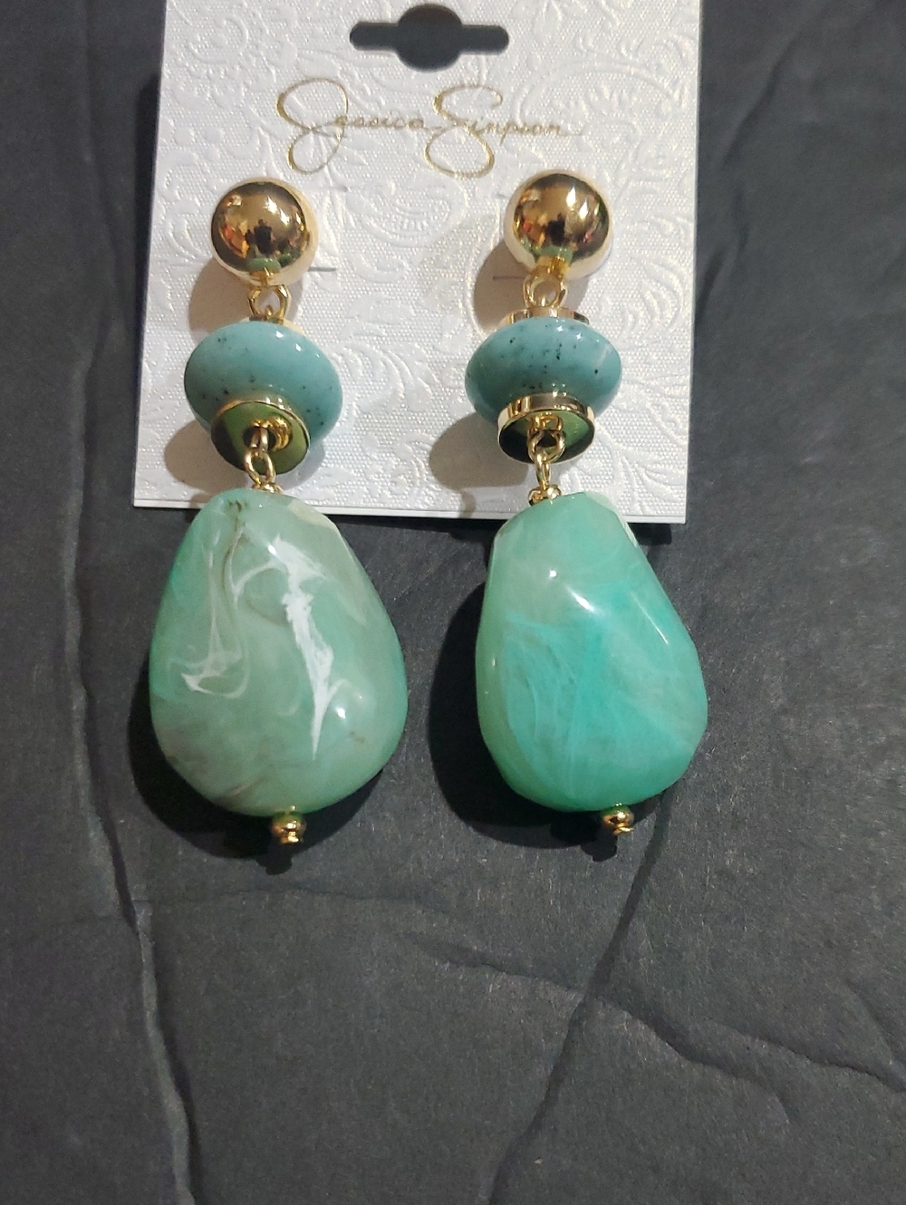 Jessica Simpson gold tone green Jade stone style tiered dangle drop earrings new